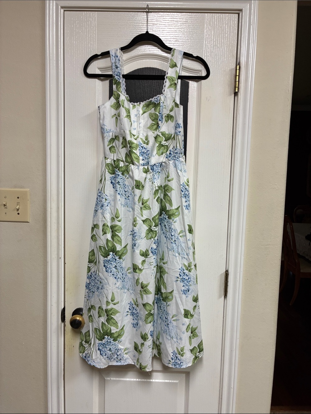 White Floral Sundress with Blue Hydrangea Print